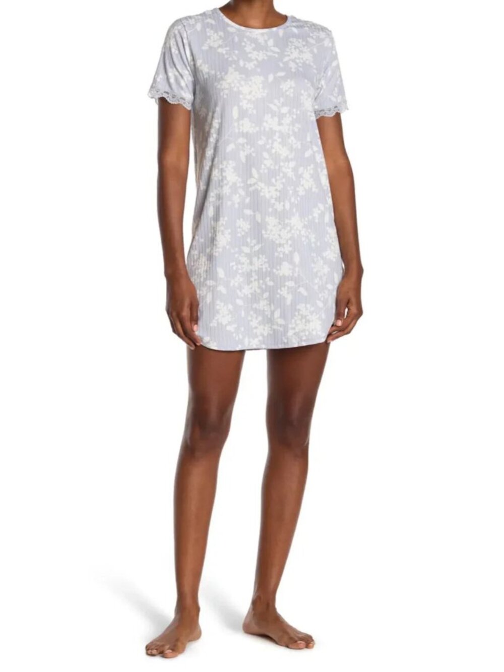 FLORA NIKROOZ Women's Lace Trim Ribbed Sleep Shirt Nightgown Blue Size Small